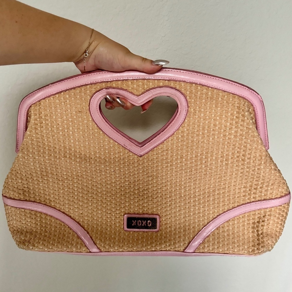 Vtg Xoxo Pink Heart Rhinestone Woven Clutch Handbag Purse Kawaii Y2k Love Bag